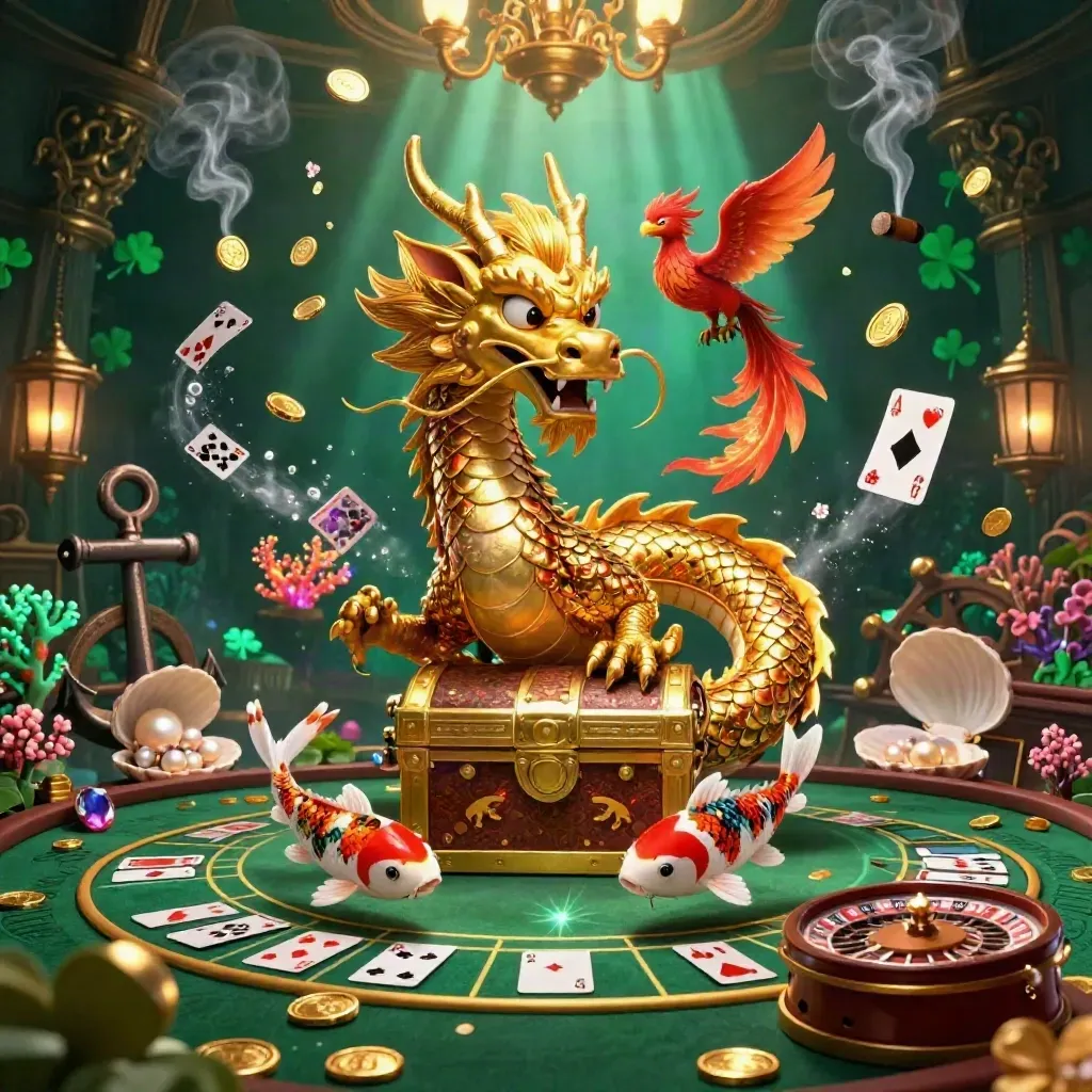 Golden dragon, phoenix, and koi in a glowing underwater casino treasure cove
