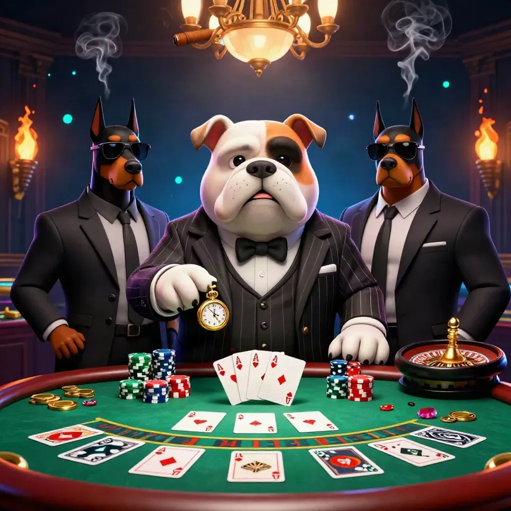 Mafia bulldog and Dobermans at a neon casino table with cards, chips, smoke, and a spinning roulette wheel.