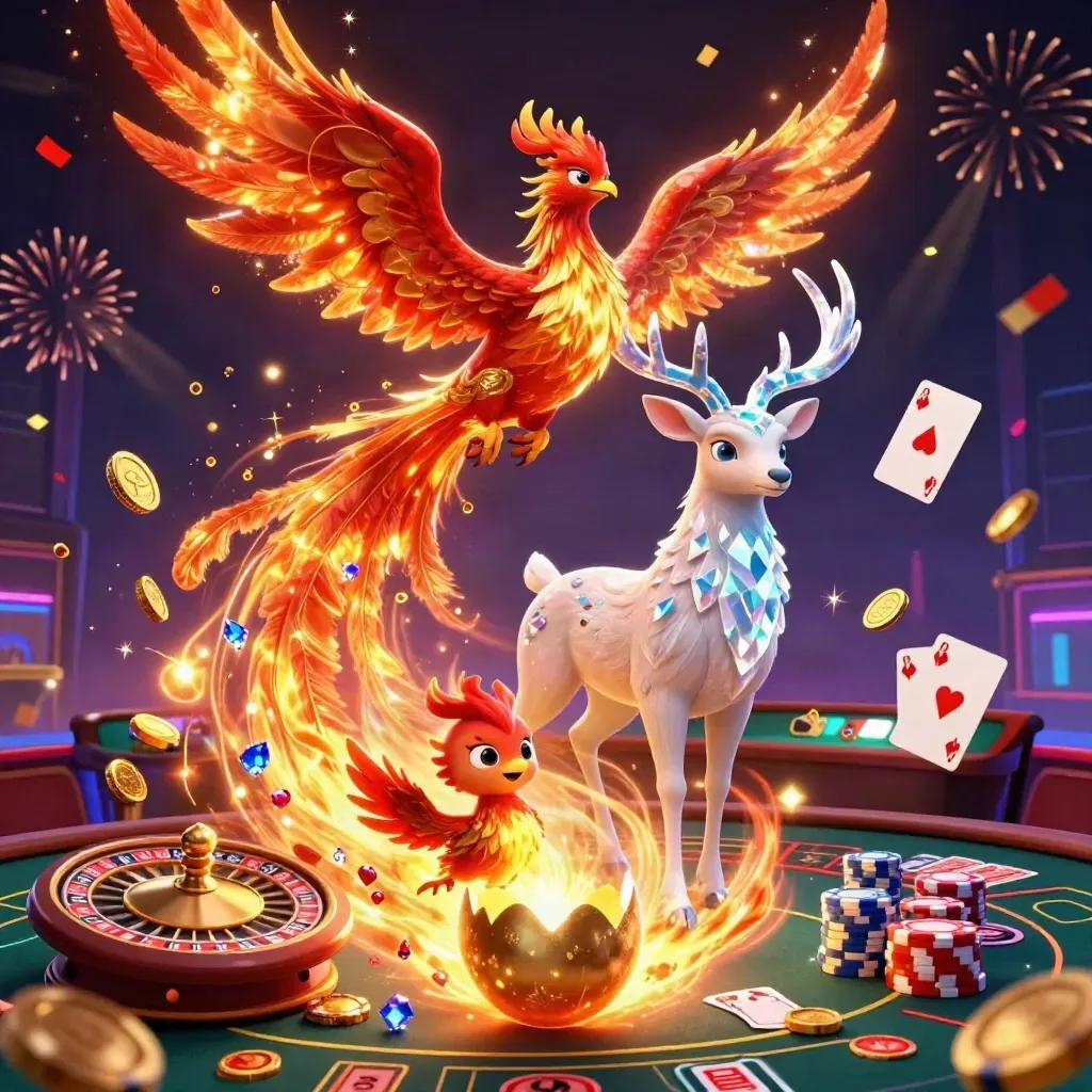 Phoenix, hatching chick, and crystal stag amid casino gold, smoke, and neon light