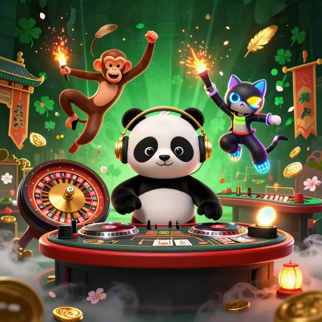 DJ panda, breakdancing monkey, and glow-stick kitten in a dark neon casino scene.
