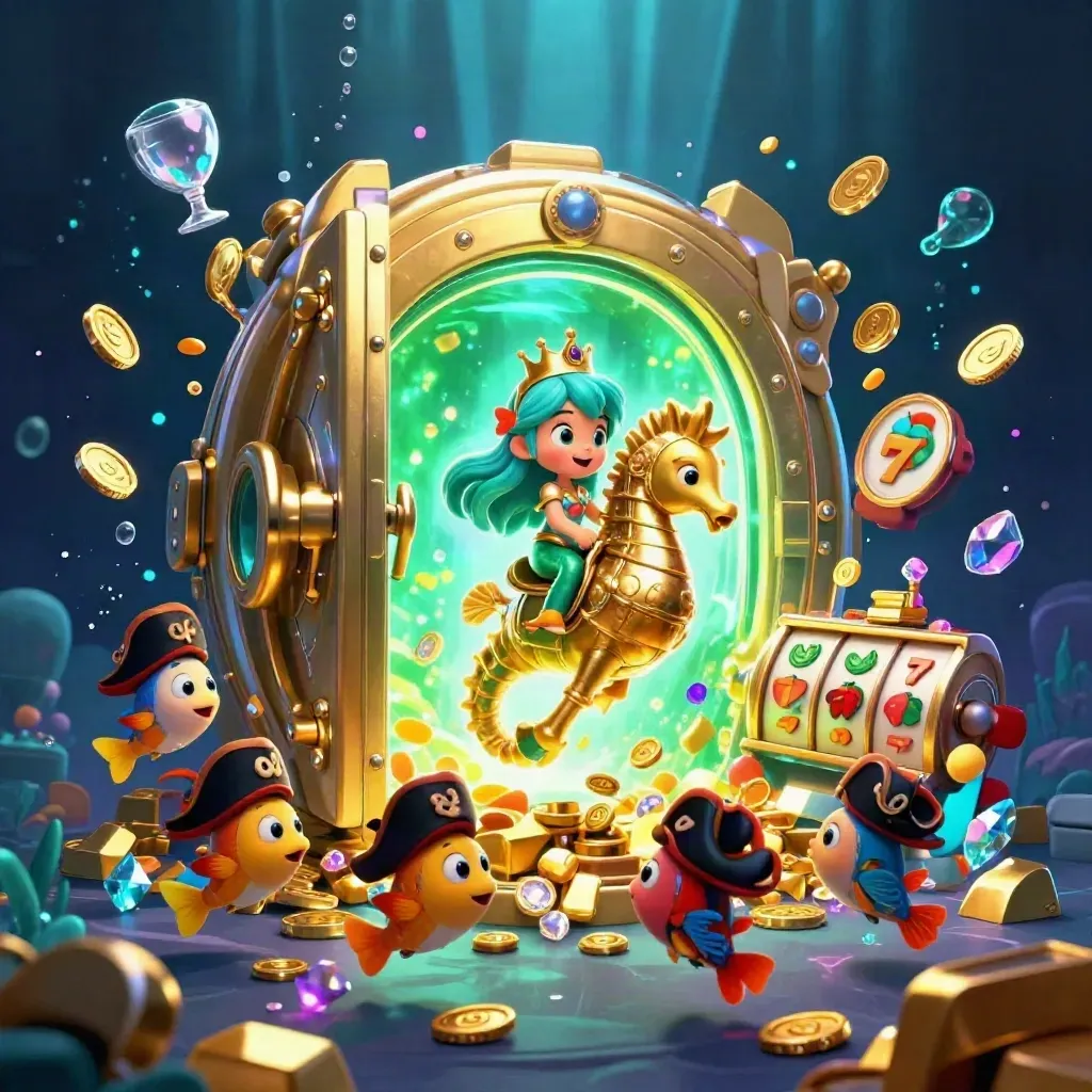 Mermaid princess on golden seahorse opens glowing treasure vault amid gems, gold, and fish in pirate hats.