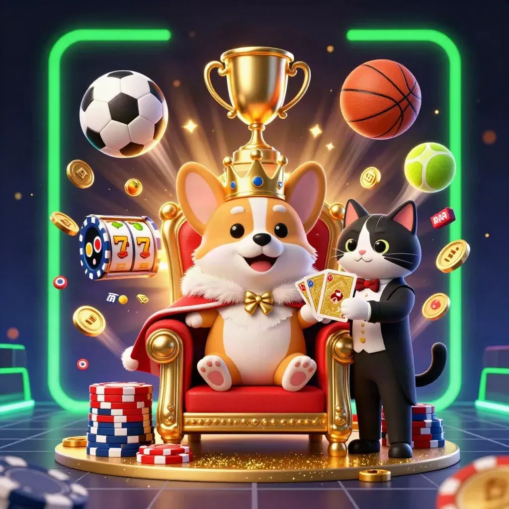 Royal corgi king and cat butler amid flying balls, coins, trophy, slot symbols and neon casino magic