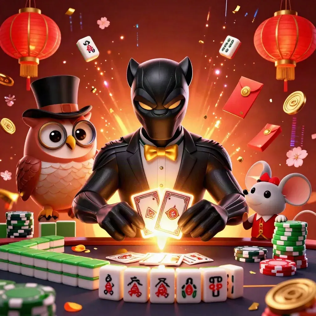 Panther, owl, and mouse amid casino magic, jade coins, lanterns, and neon energy.