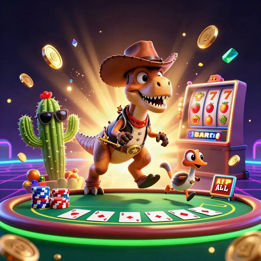 Cowboy T-Rex, cactus sidekick, and roadrunner burst through a neon casino scene.