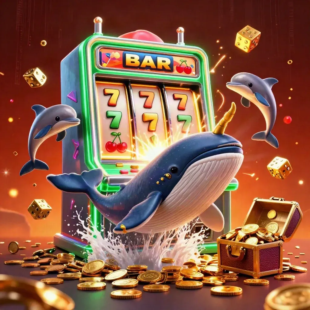 Whale captain, narwhal and dolphins burst from coins amid slot explosions and neon green energy.