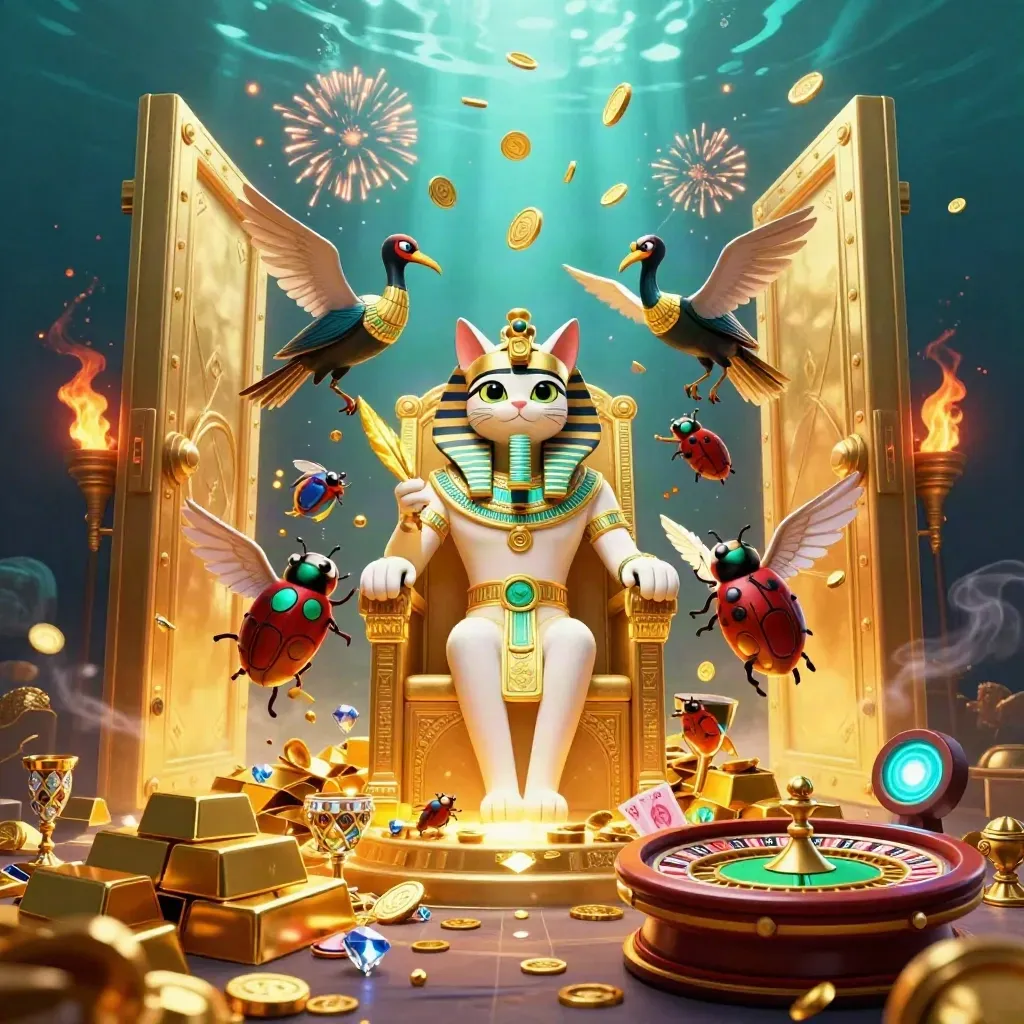 Pharaoh cat and ibis scribe amid vault burst, coins, scarabs, roulette wheel, and neon casino glow.