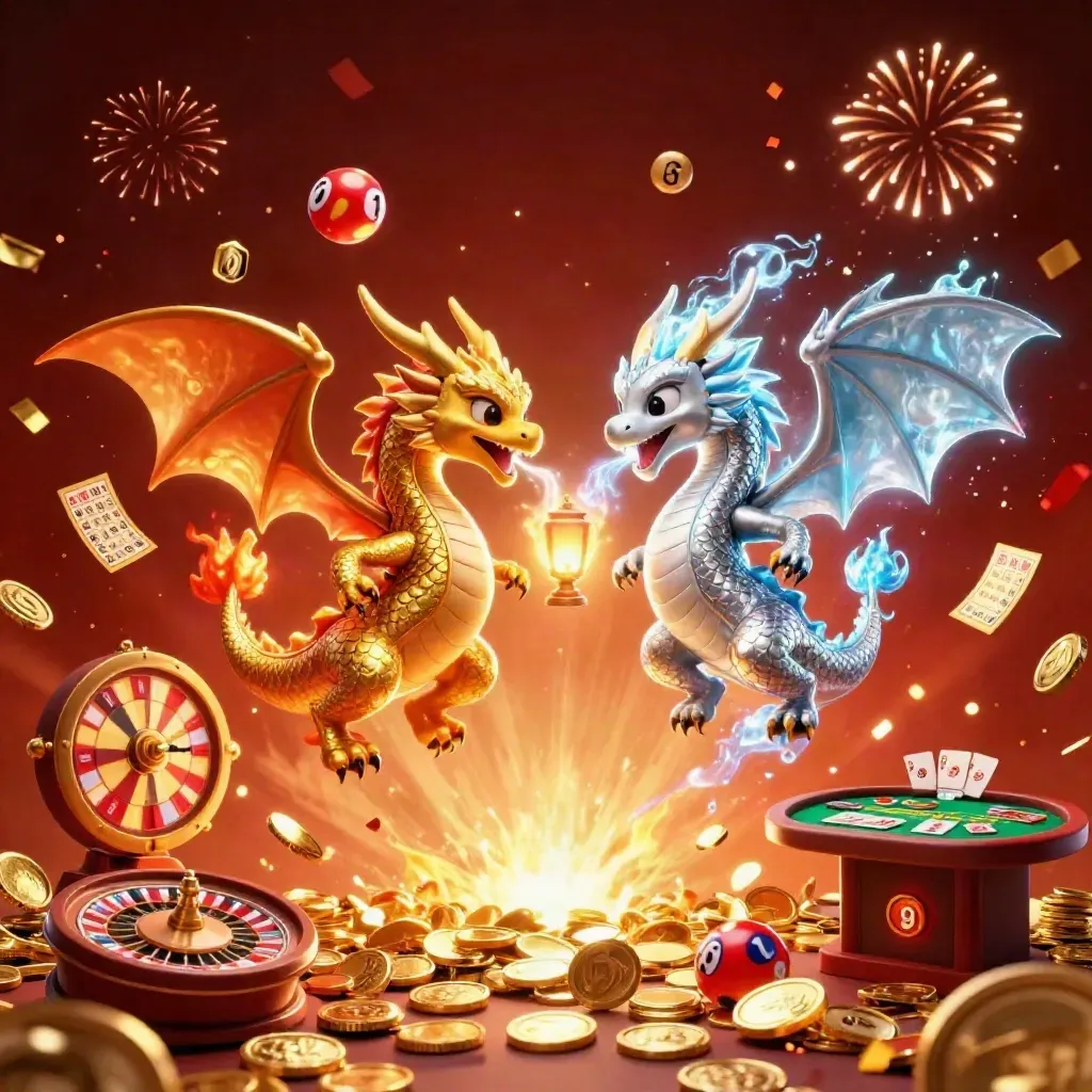 Gold and silver dragons swirl with casino props in a fiery crimson celebration