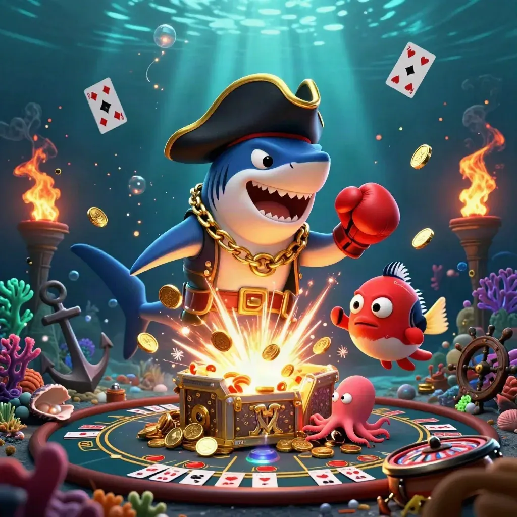 Shark pirate, boxing pufferfish, and juggling octopus in a coin blast underwater casino scene