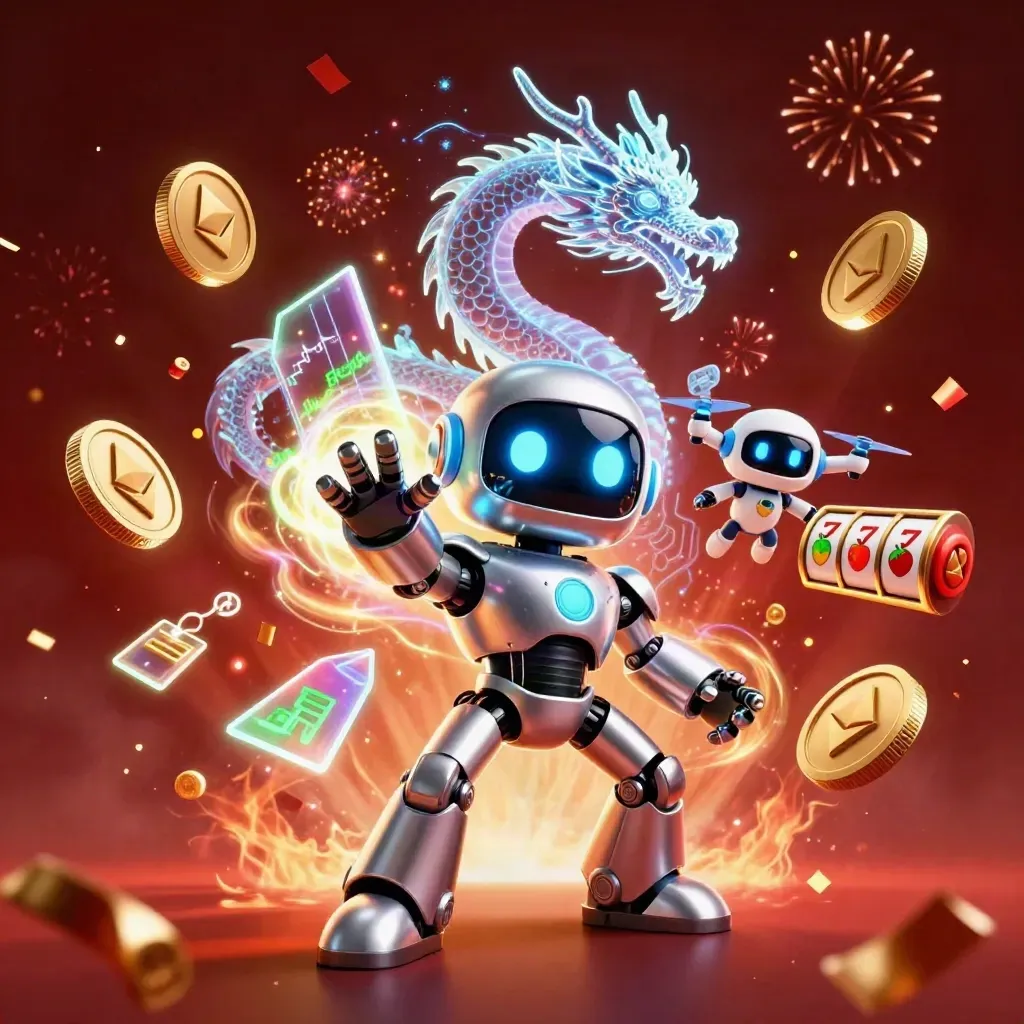 Chrome robot, holographic dragon and coin drone amid crypto coins, ember glow, casino chaos.