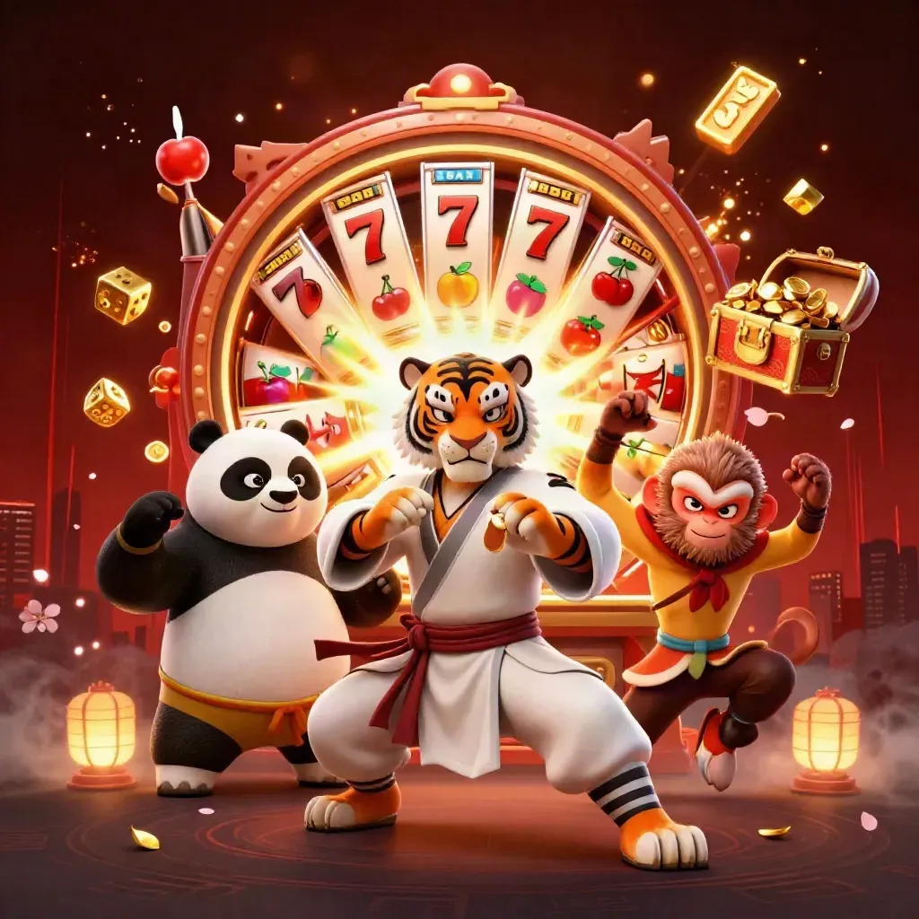 Tiger, panda, and monkey clash around a bursting slot machine in a dark gothic casino blaze.