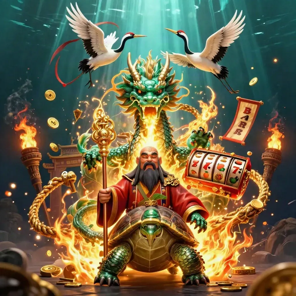 Jade dragon, turtle sage and cranes amid casino relics under teal underwater light
