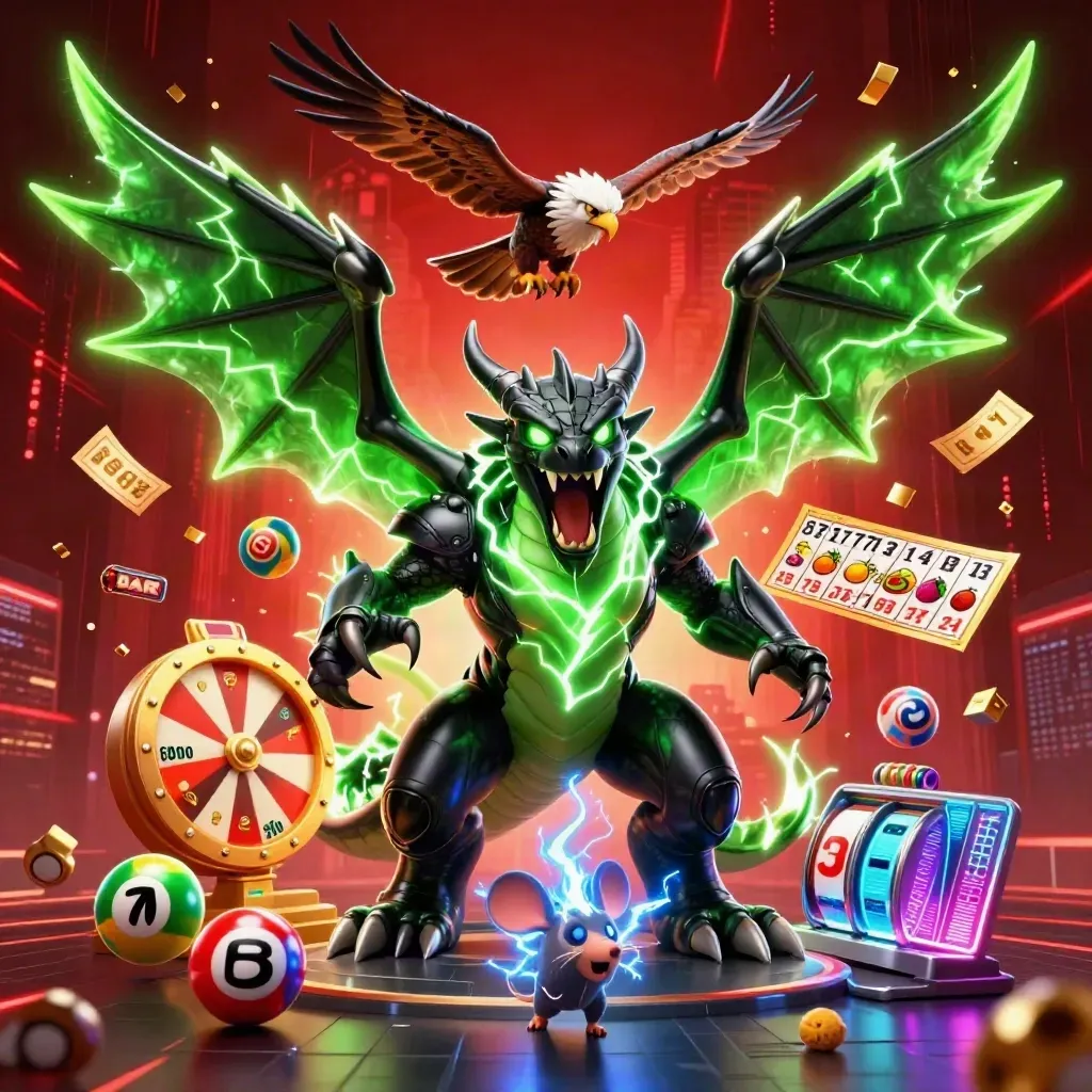 Thunder dragon, hawk, and mouse amid casino symbols, lightning, and a dark red neon skyline.