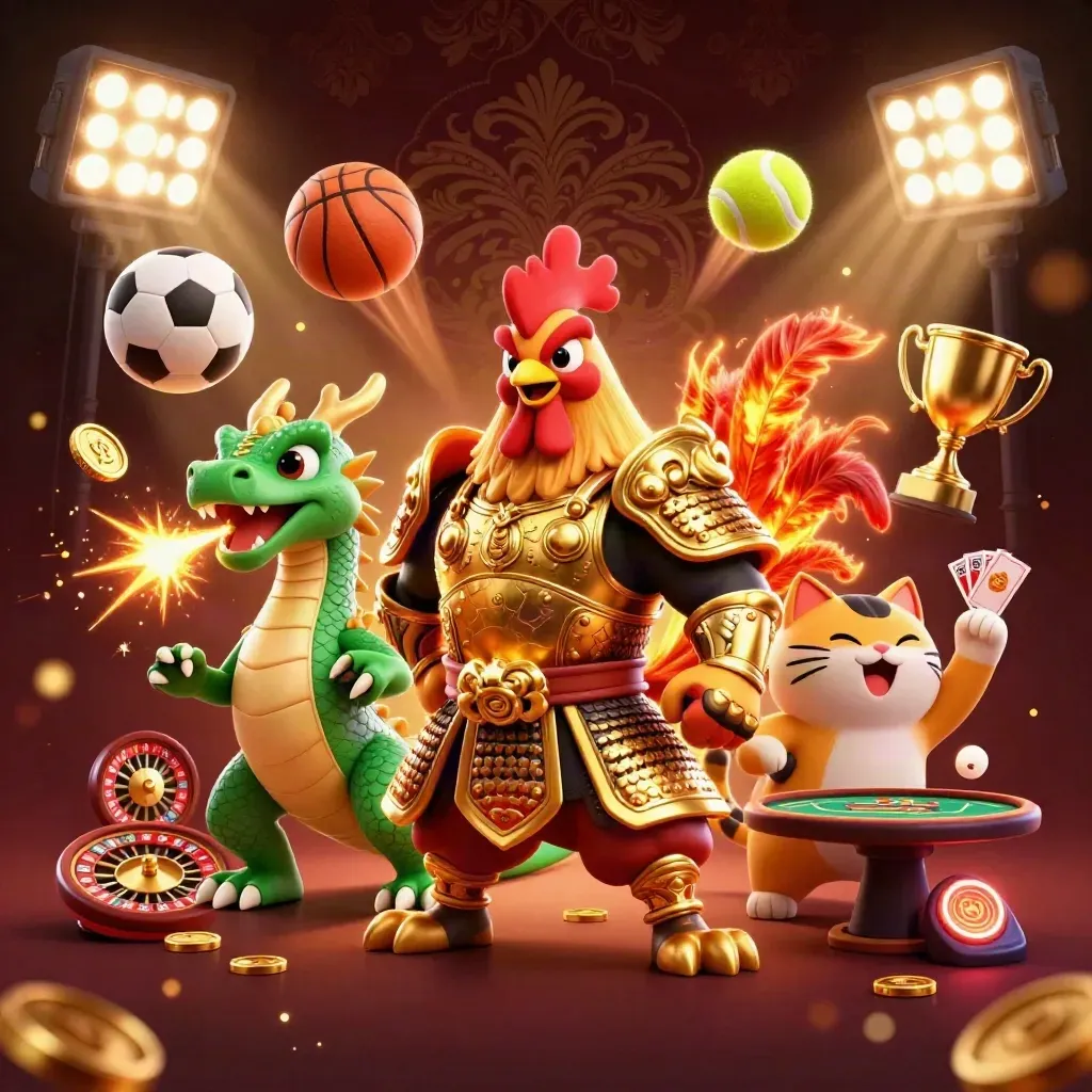 Rooster samurai, dragon hatchling and fortune cat amid casino props, sparks and neon light.