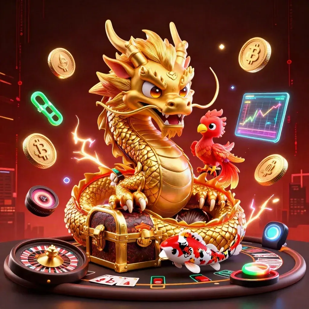 Golden dragon guarding treasure chest with phoenix, koi, coins, and neon casino effects