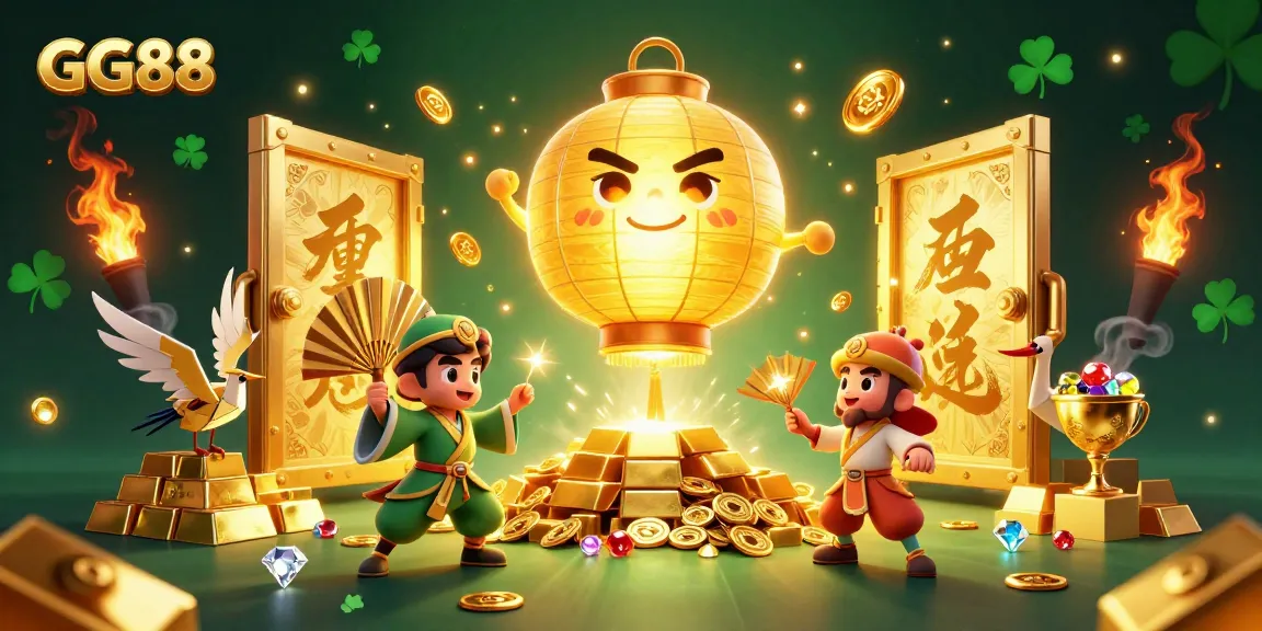 GG88 players enjoy a vibrant casino experience with a golden lantern spirit, golden treasures, and dynamic game elements.