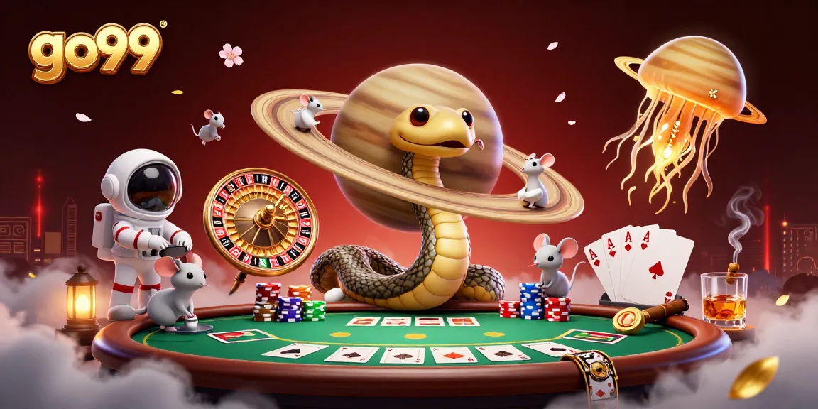 Engage with go99 in a vibrant casino scene featuring a cosmic roulette wheel and astronaut mice.