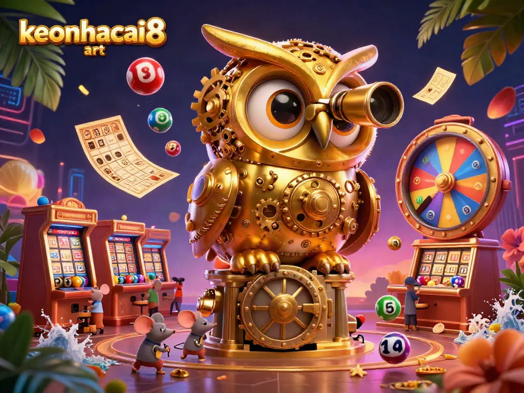 Engage with exciting games at keonhacai8 art, featuring a vibrant casino scene with intricate details.