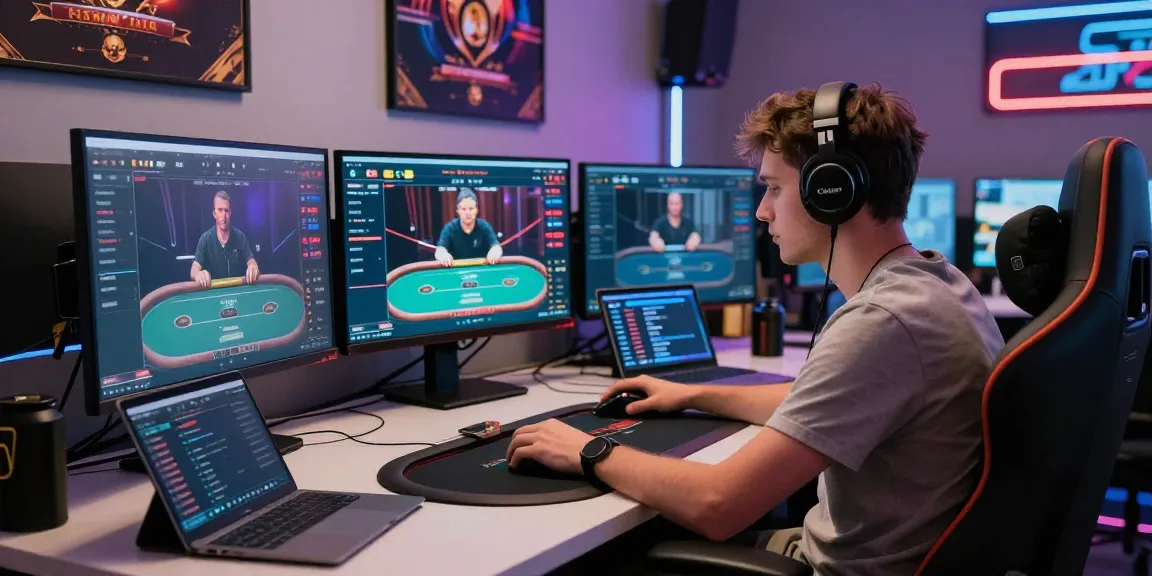 Exciting online poker gaming setup featuring Alternatif Link Nagapoker with multiple screens and vibrant LED lights.