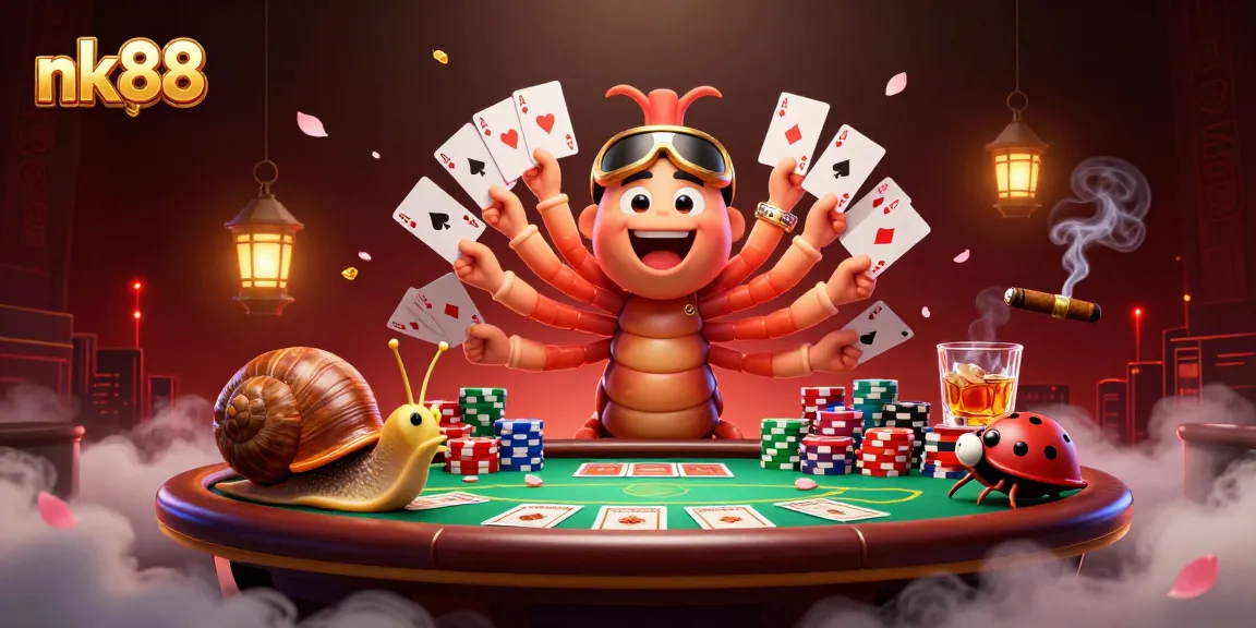 Experience nk88's thrilling gambling atmosphere with this dynamic 3D illustration, featuring unique casino elements.