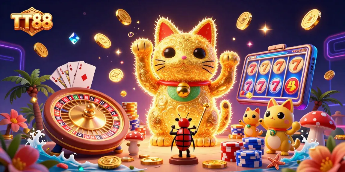 Experience excitement with TT88 in a vibrant 3D casino scene featuring a lucky cat and shimmering casino elements.