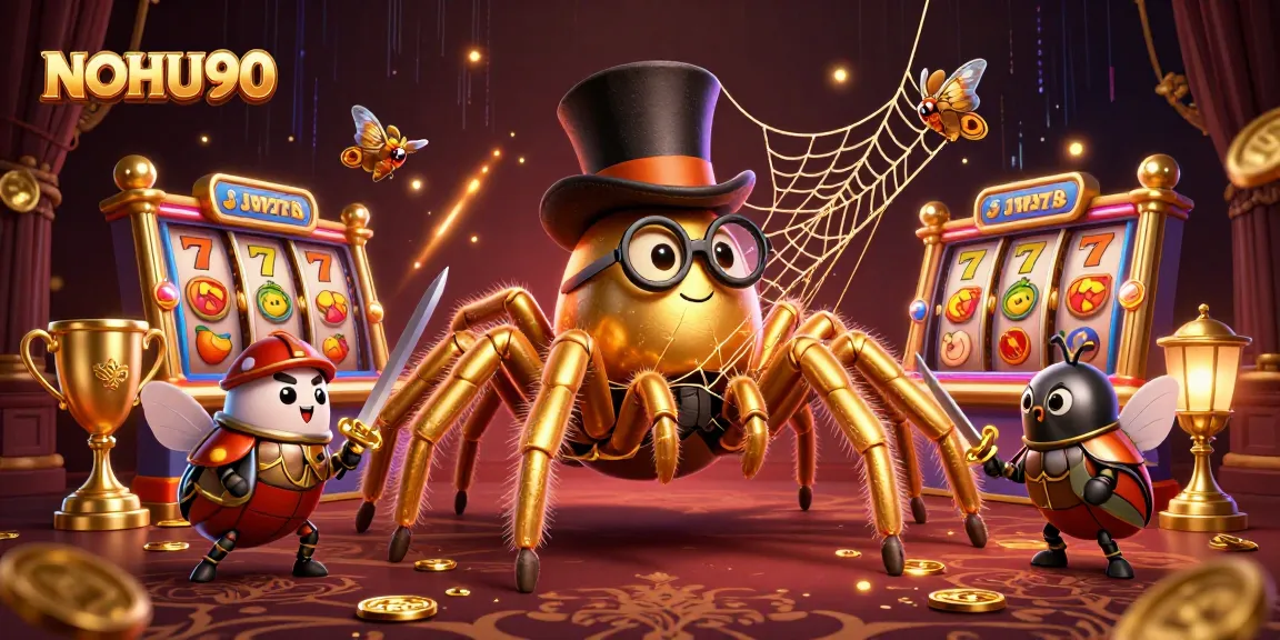 NOHU90 features a giant cartoon tarantula weaving golden threads amidst exciting slot games and jackpot elements.