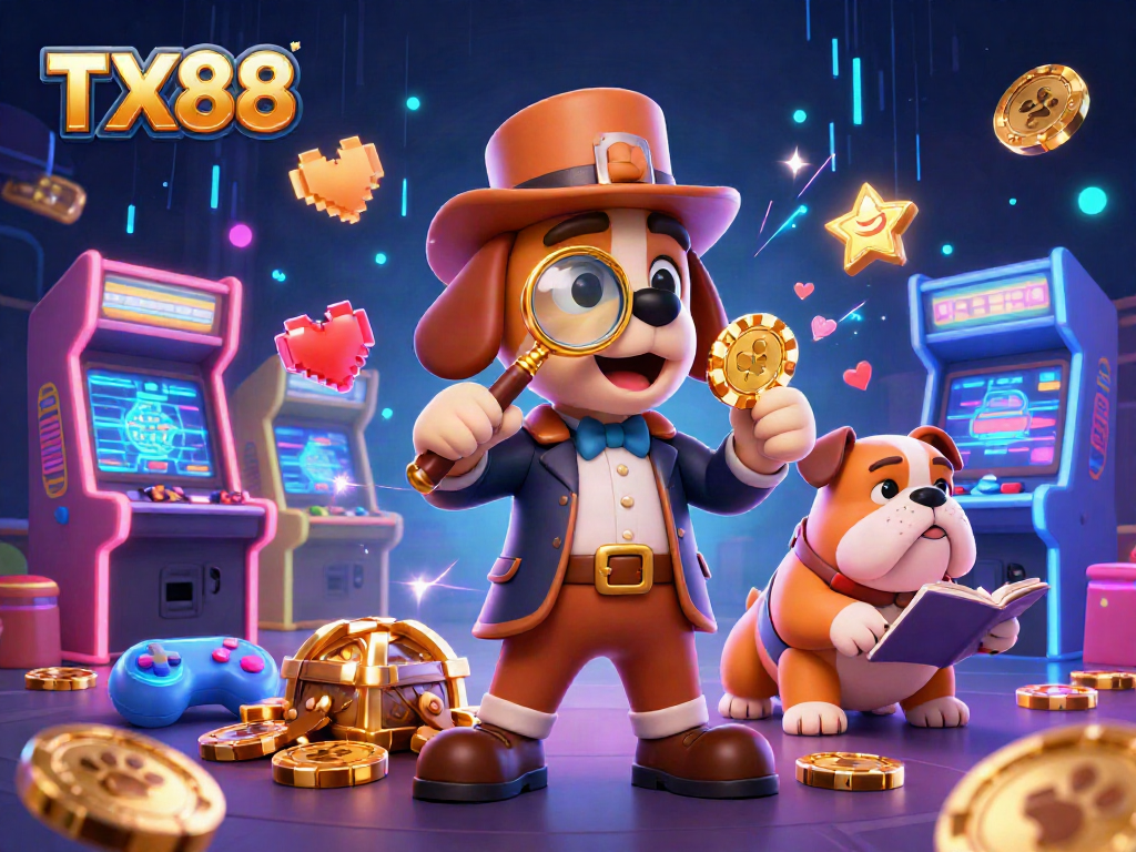 Engage with TX88 in a 3D Casino adventure featuring cartoon detectives uncovering gold chips.