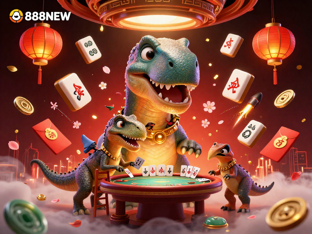 Experience thrilling casino action with 888NEW's vibrant 3D illustration featuring a brontosaurus at a poker table.