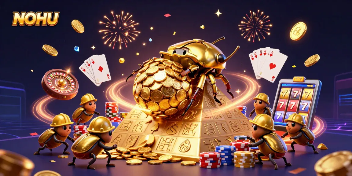 NOHU showcases a vibrant scene of excitement with golden coins and casino symbols, capturing the essence of engaging gaming.