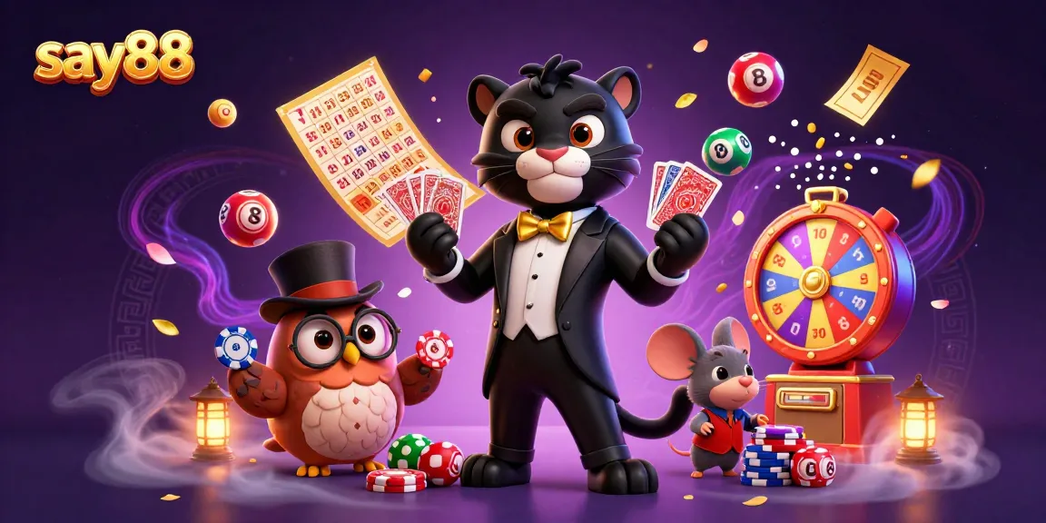 Join the excitement of say88 with an engaging illustration of animated casino characters and vibrant gaming elements.