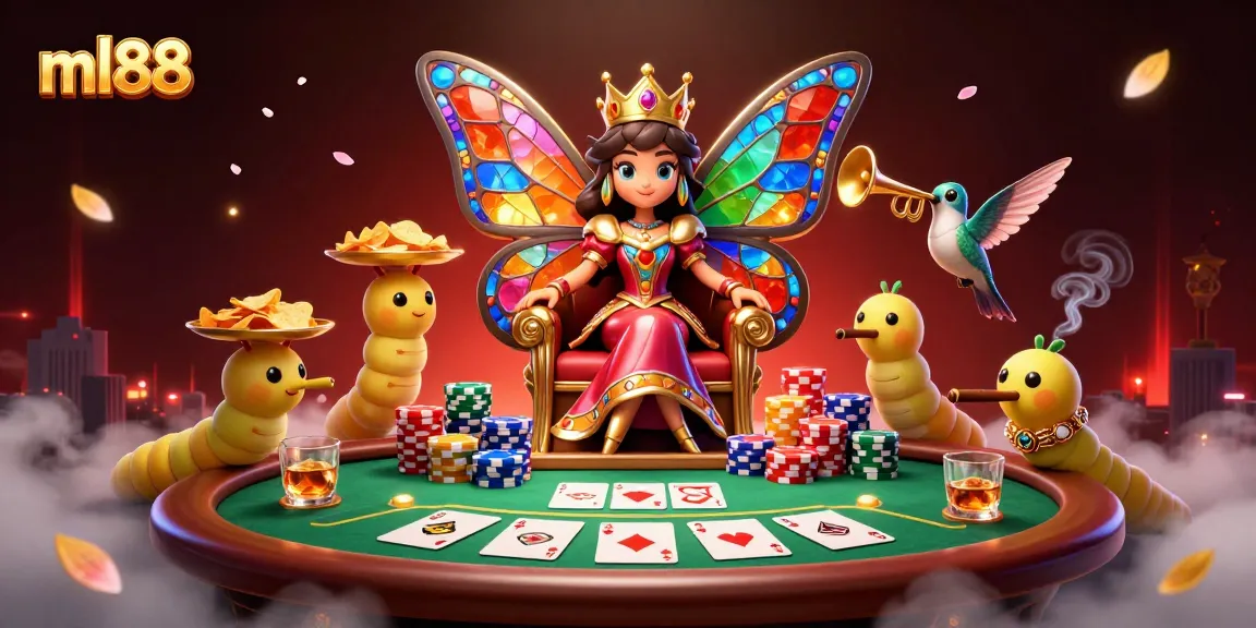 Experience the excitement of winning at ml88 with a vibrant casino scene featuring a butterfly queen and poker elements.