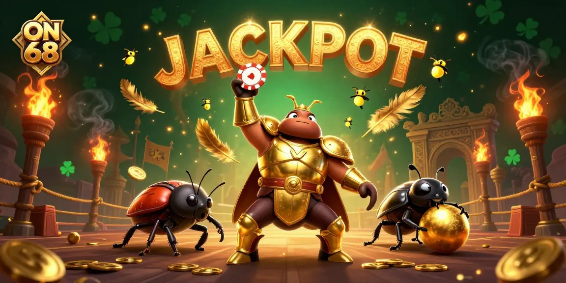 Engage with ON 68's ultimate casino experience featuring a victorious hercules beetle and vibrant jackpot celebration.