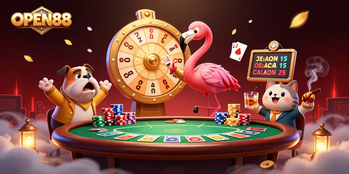 Experience thrilling gameplay with OPEN88 as a flamingo host spins a golden wheel in this vibrant casino scene.