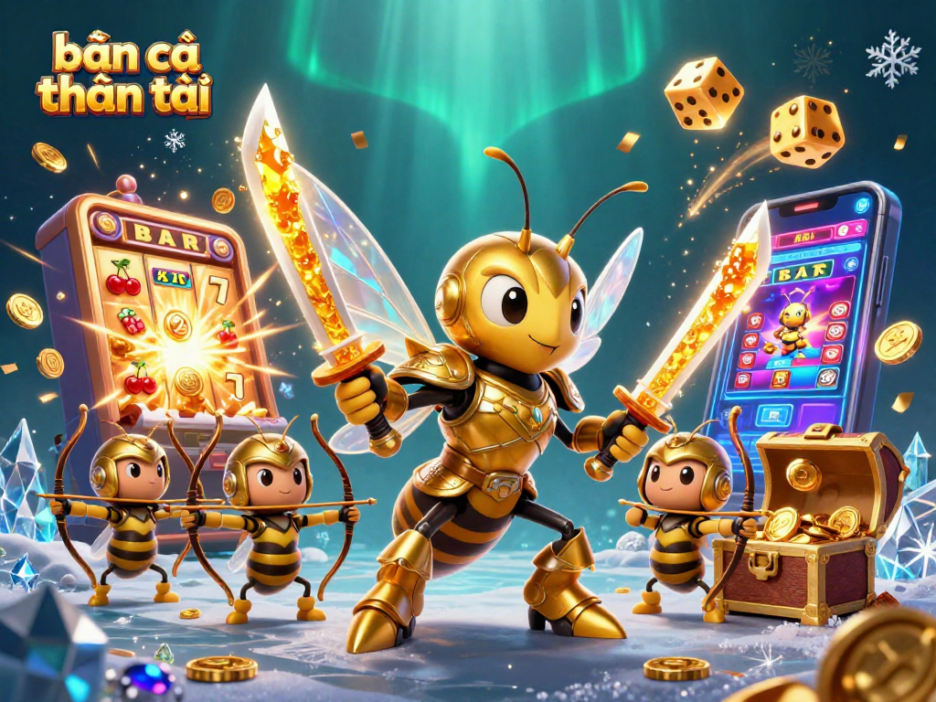 Bắn cá thần tài game illustration depicting an epic underwater scene with a golden hornet warrior and dynamic casino elements.