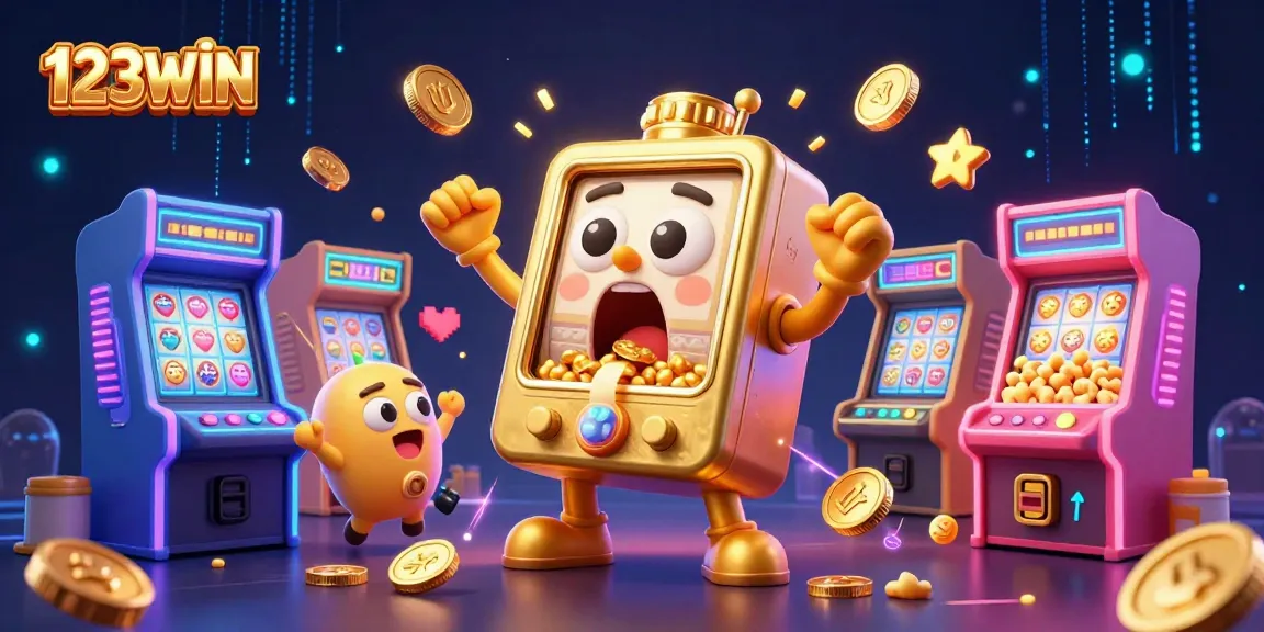 An expressive golden slot machine hits a jackpot in a lively 123WIN scene with cheering companions.