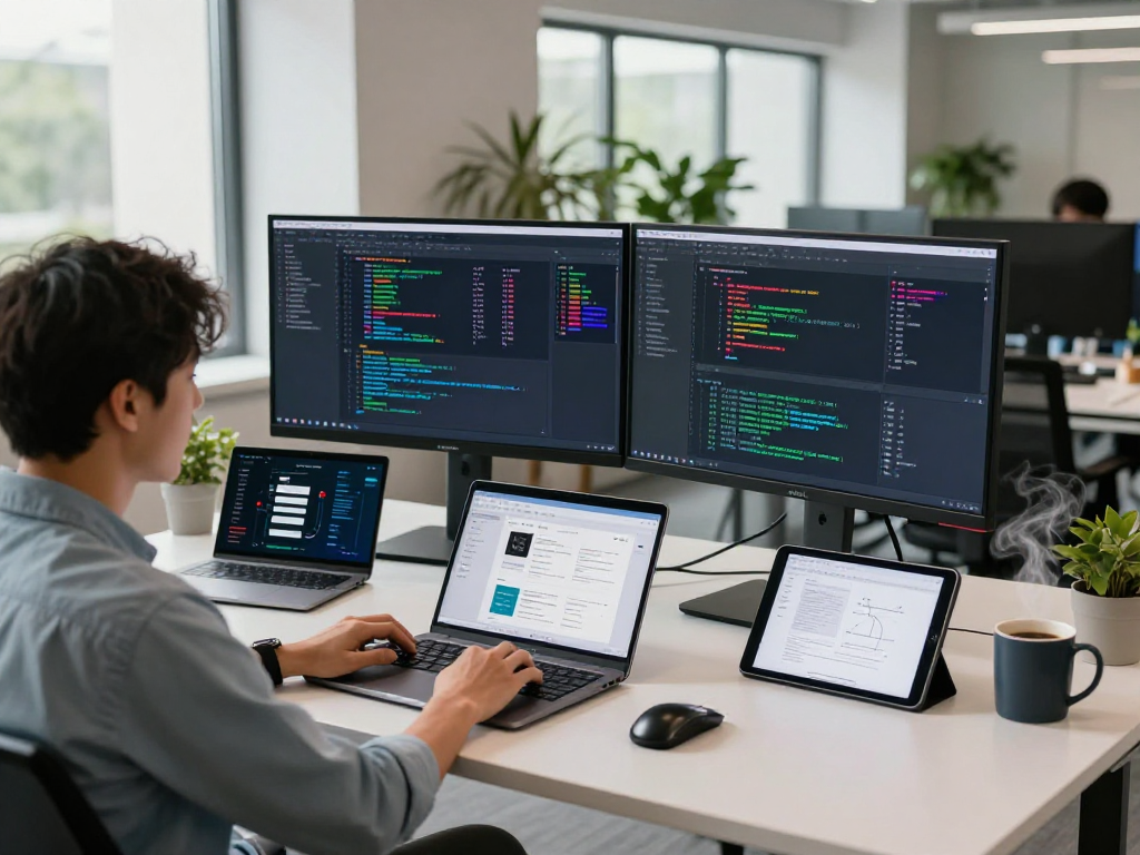 Developer coding on dual monitors in a vibrant tech office, highlighting net88 innovation.