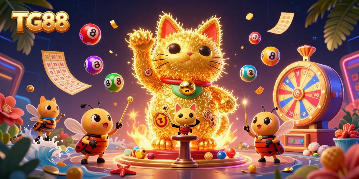 Play exciting games at TG88 with vibrant symbols, colorful balls, and a lucky cat symbolizing fortune.