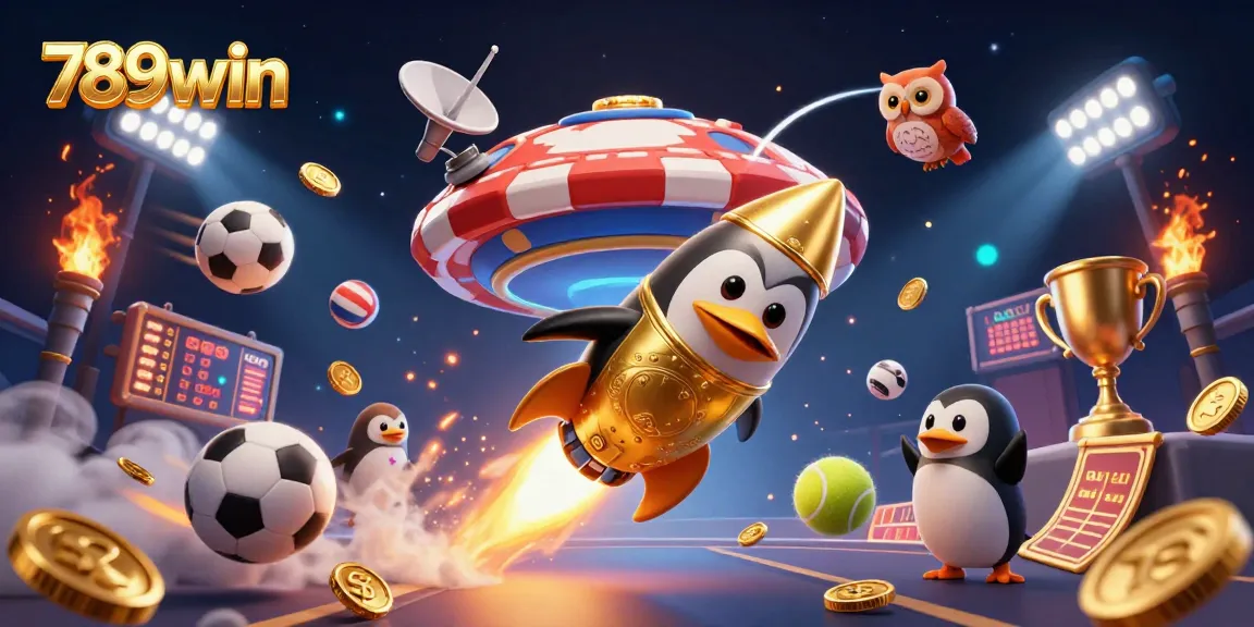 Experience excitement in 789win as a golden penguin races towards a casino space station.