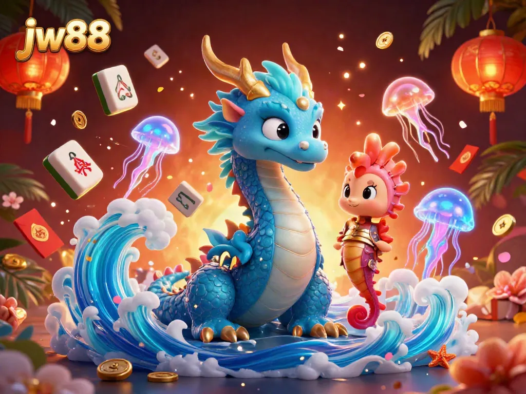 Experience thrilling gaming with jw88 as the azure dragon and seahorse knight join vibrant casino elements.