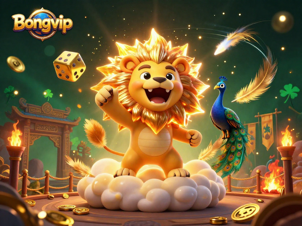 Bongvip players engaging in a vibrant casino scene with roaring lion and golden dice amid thrilling betting activities