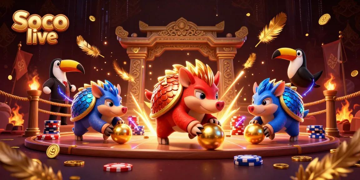 Engage in thrilling action with Soco live as rival pangolins roll into golden balls, surrounded by vibrant casino elements.