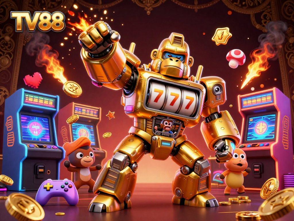 Experience the excitement of winning at TV88 with a dynamic 3D scene featuring a golden gorilla mech and arcade elements.