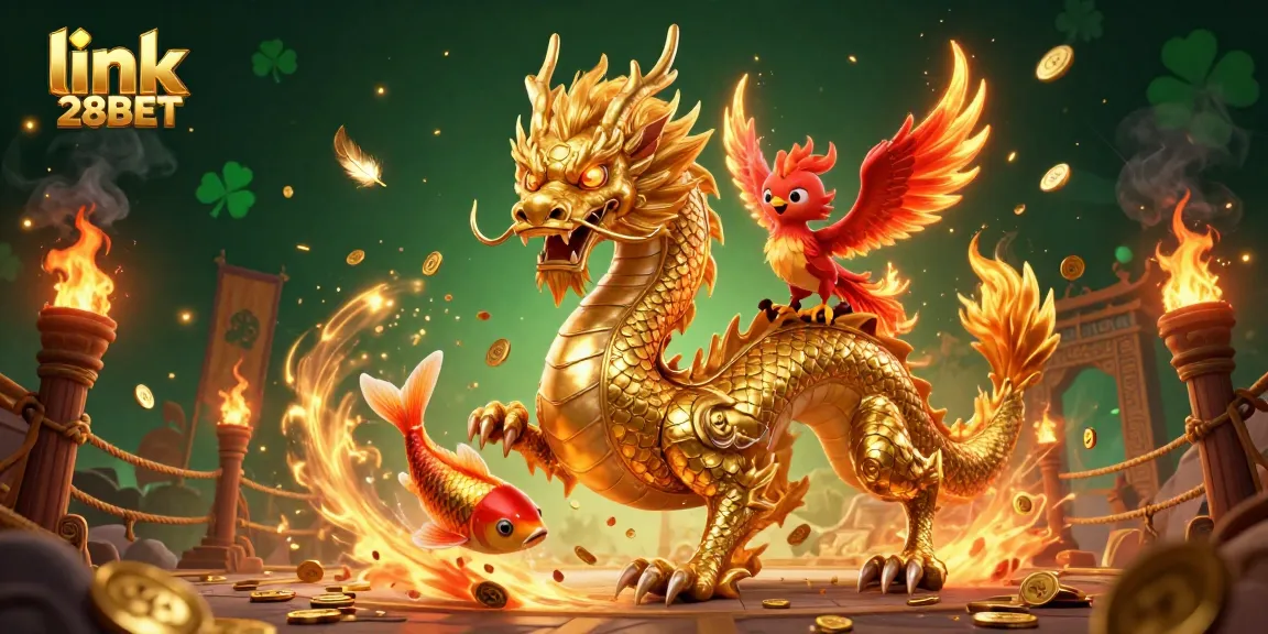 Experience the excitement of gaming with link 28BET as golden dragon, phoenix, and koi swim through coins.