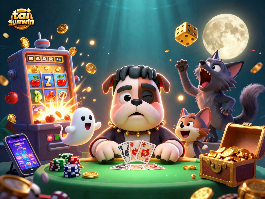 Engage with tai sunwin as a Frankenstein bulldog deals cards at a spooky casino table.