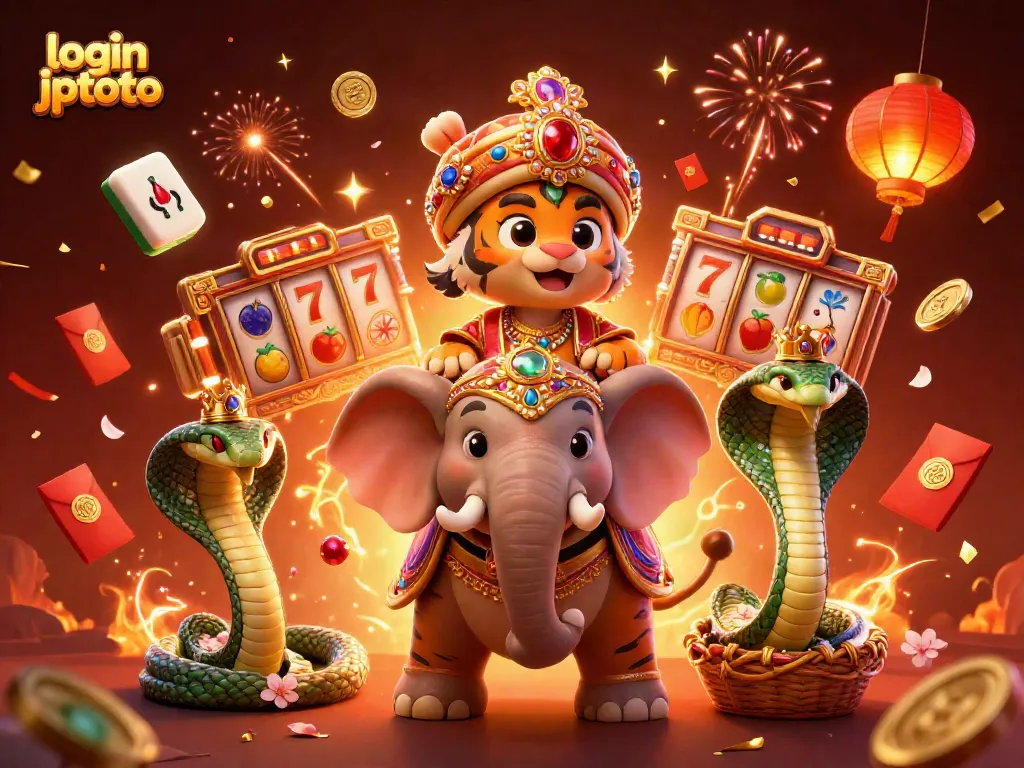 Engage with the thrill of login jptoto featuring a 3D maharaja tiger, elephant, and exciting slot reels.