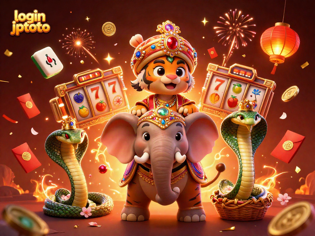 Engage with the thrill of login jptoto featuring a 3D maharaja tiger, elephant, and exciting slot reels.