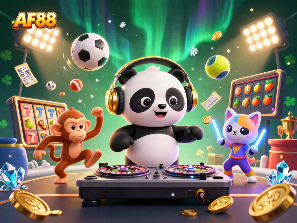 Engage with AF88, celebrating casino excitement with a DJ panda, dancing monkey, and vibrant kitten.