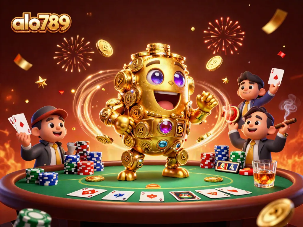 Alo789 engages players with an energetic casino scene featuring a golden golem, poker elements, and festive effects.