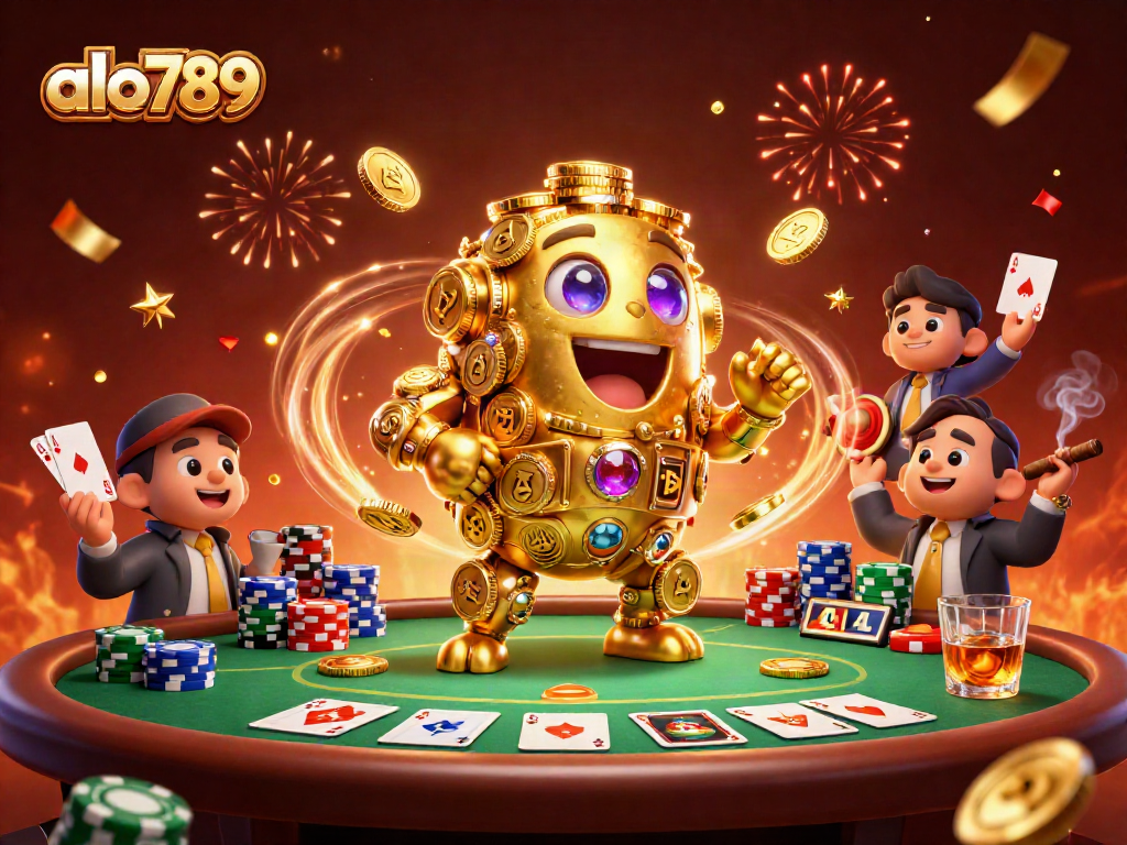 Alo789 engages players with an energetic casino scene featuring a golden golem, poker elements, and festive effects.