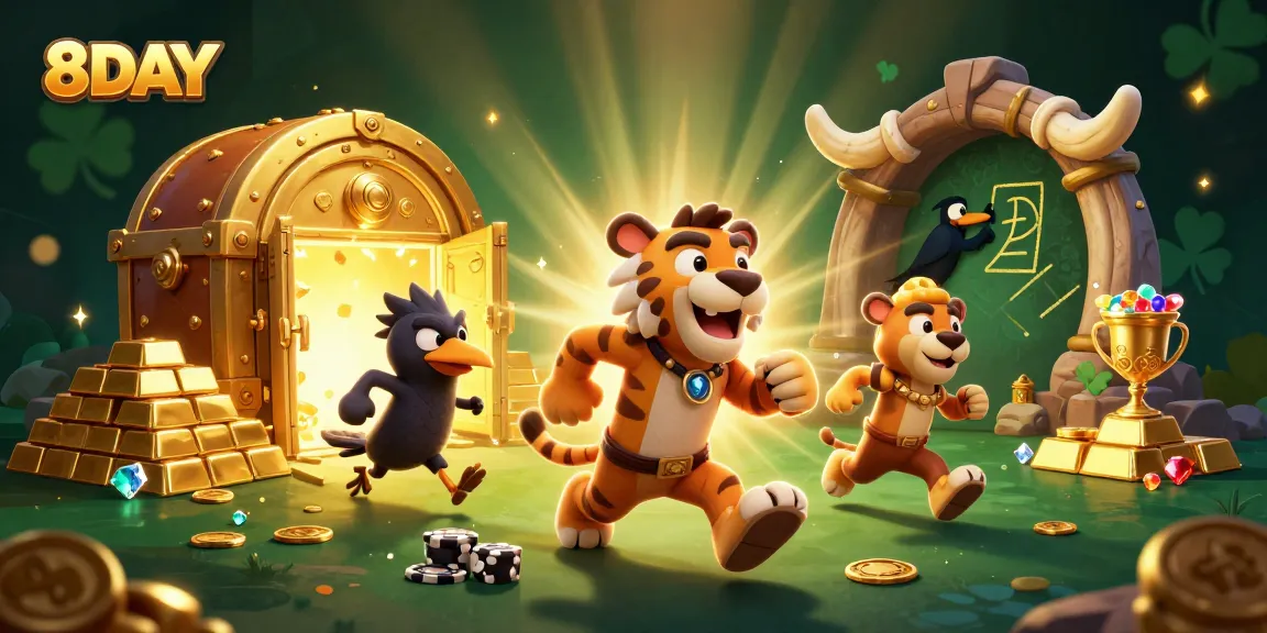 Experience thrilling gameplay at 8DAY with our dynamic prehistoric casino scene filled with treasures.