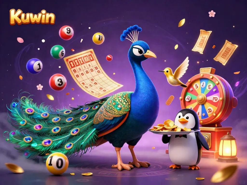 Kuwin offers a playful casino experience with a fantastical scene featuring a peacock, penguin, and hummingbird amid vibrant lottery themes.